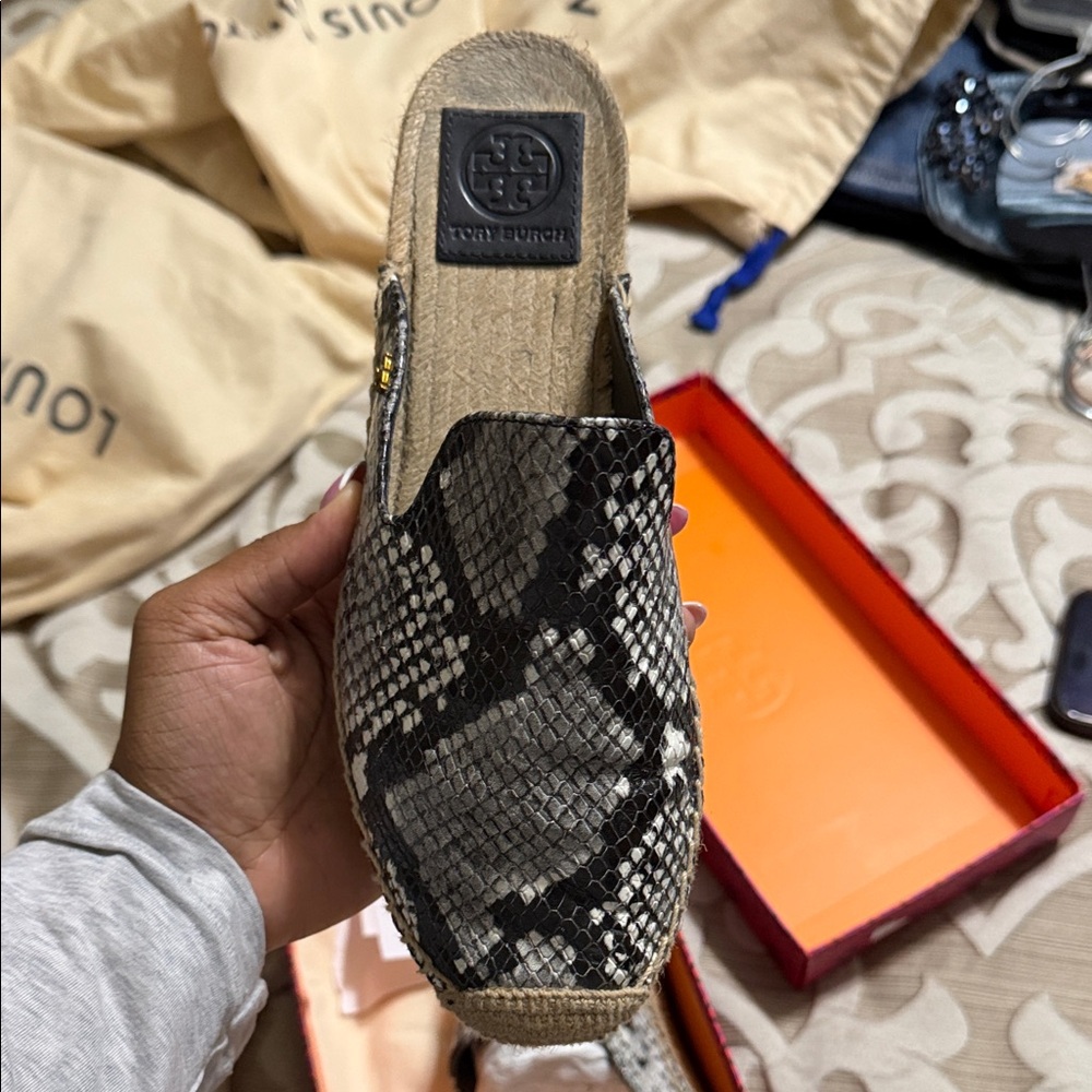 Tory Burch Black and White Snakeskin Espadrilles
